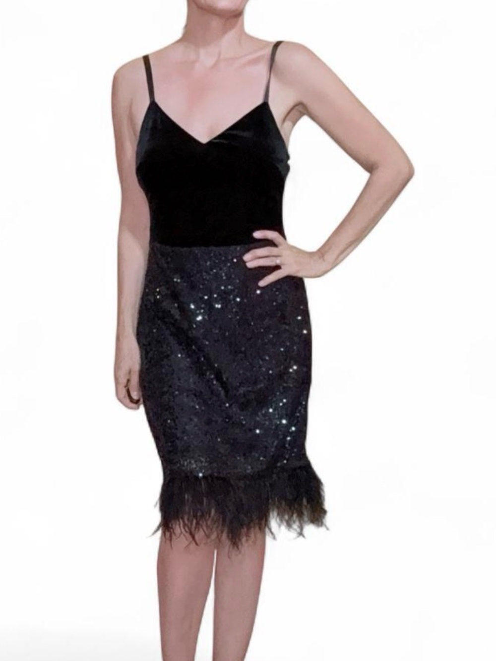 Guess Black Sequin Feather Hem dress S